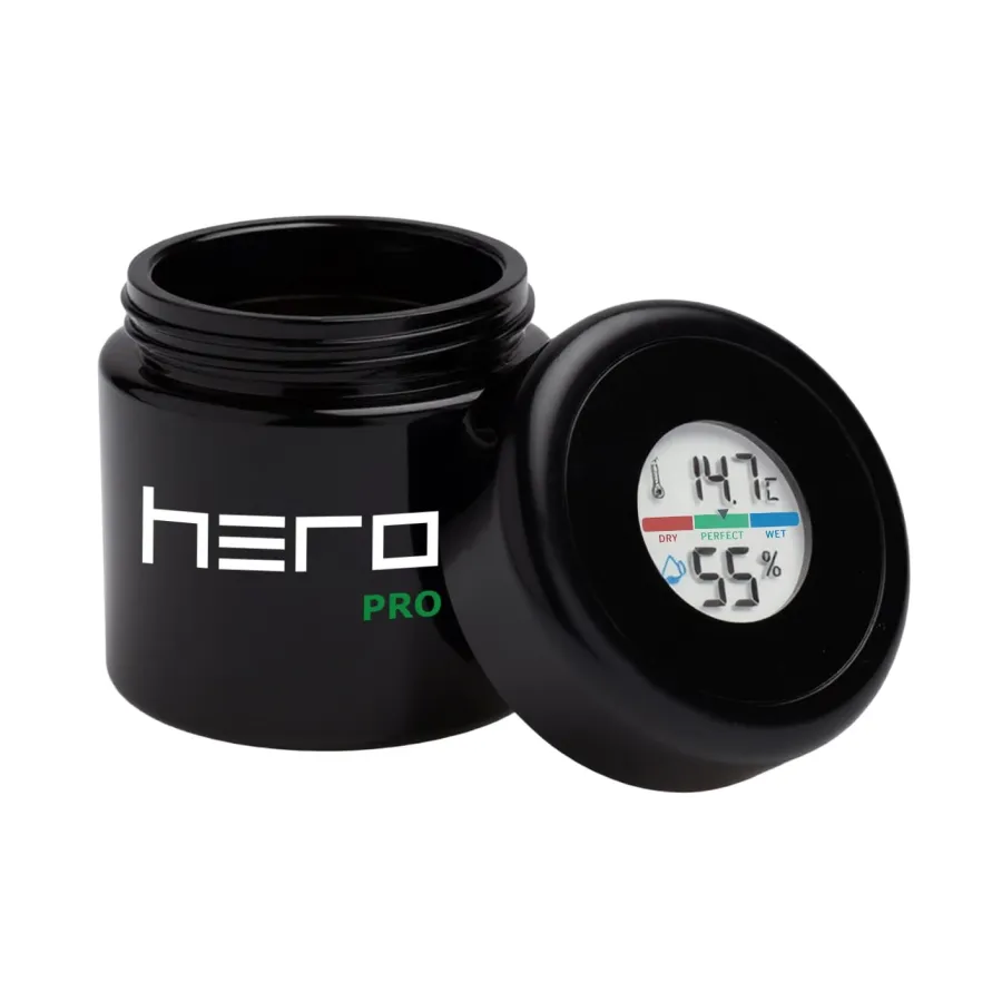 Glass odourless container with hygrometer 100ml HERO | Hemp Shop